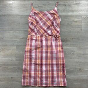VTG Ann Taylor Size 6 Pink Plaid Sundress Cotton Blend Bow Zip Closure Workwear